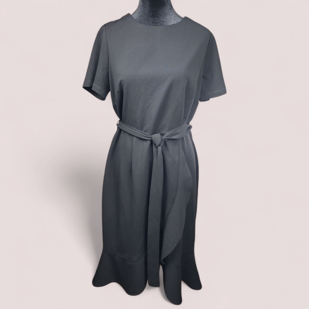 SHELBY & PALMER Faux Wrap Ruffled Belted Midi Sheath Black Minimalist Dress | 12